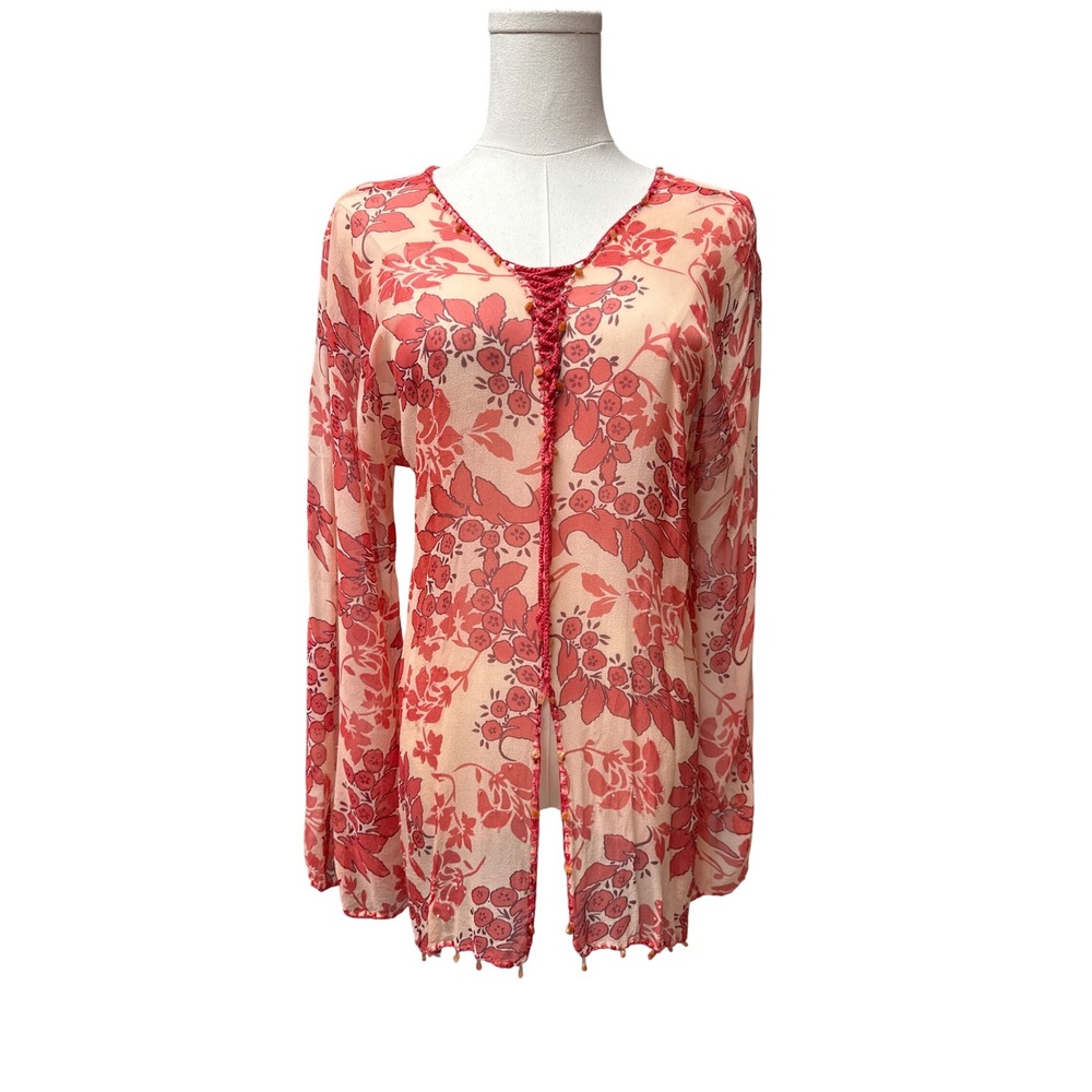 Vintage ICE 100% Silk Blouse M Red Floral Sheer Beaded Bell Sleeve Y2K Fairy